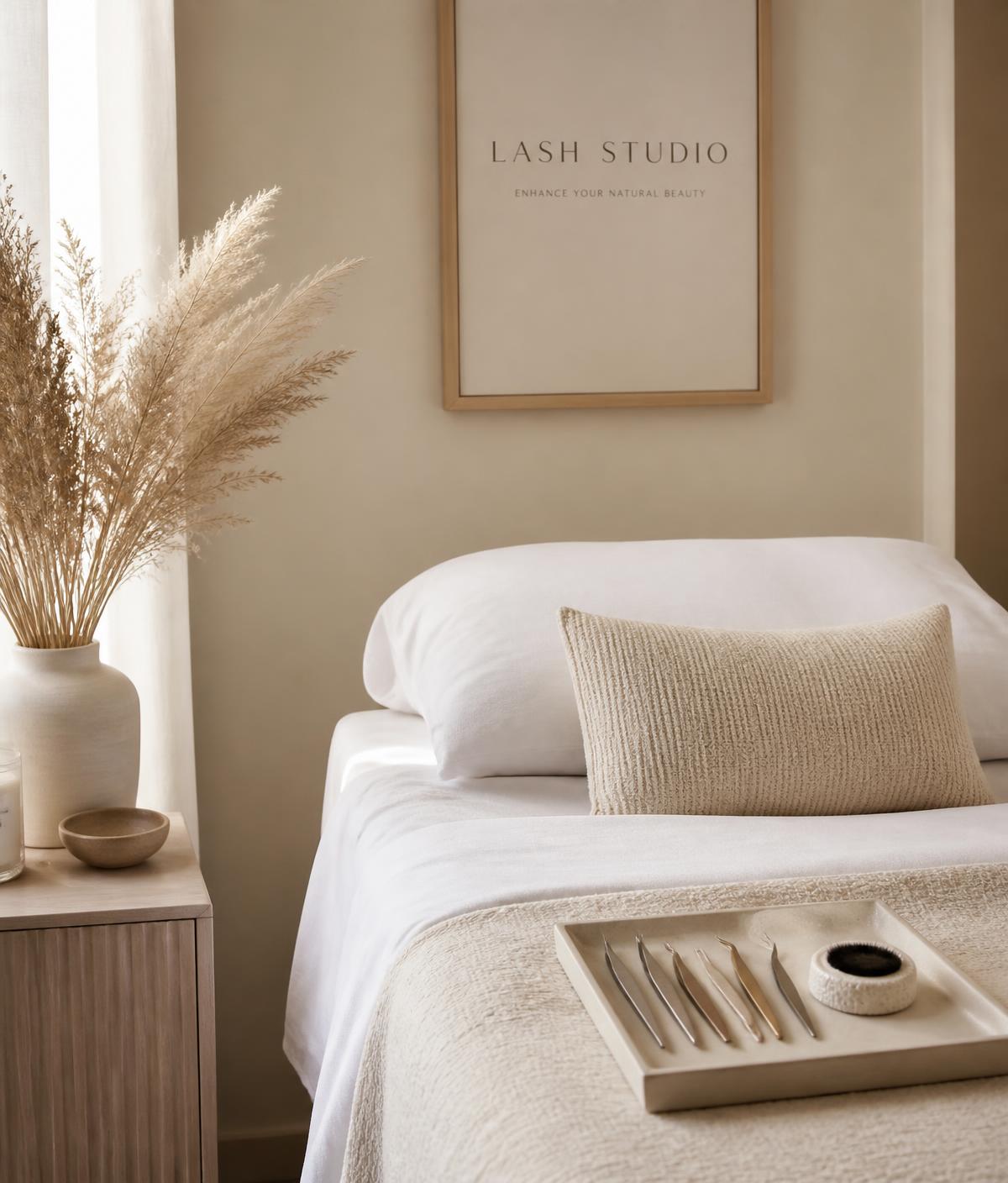 Calm neutral lash studio interior
